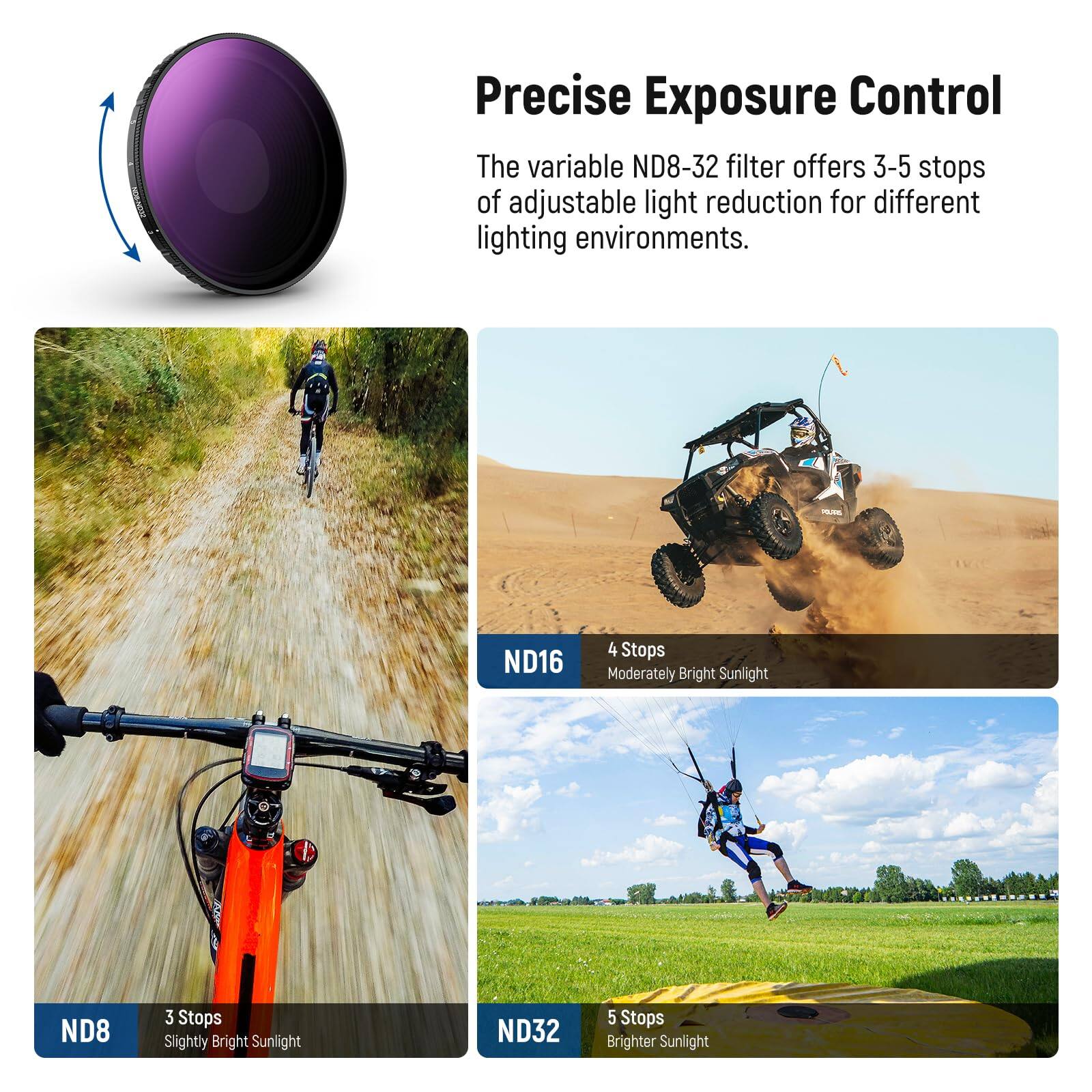 Precise Exposure Control

The variable ND8-32 filter offers 3-5 stops of adjustable light reduction for different lighting environments.

- ND8: 3 Stops - Slightly Bright Sunlight
- ND16: 4 Stops - Moderately Bright Sunlight
- ND32: 5 Stops - Brighter Sunlight