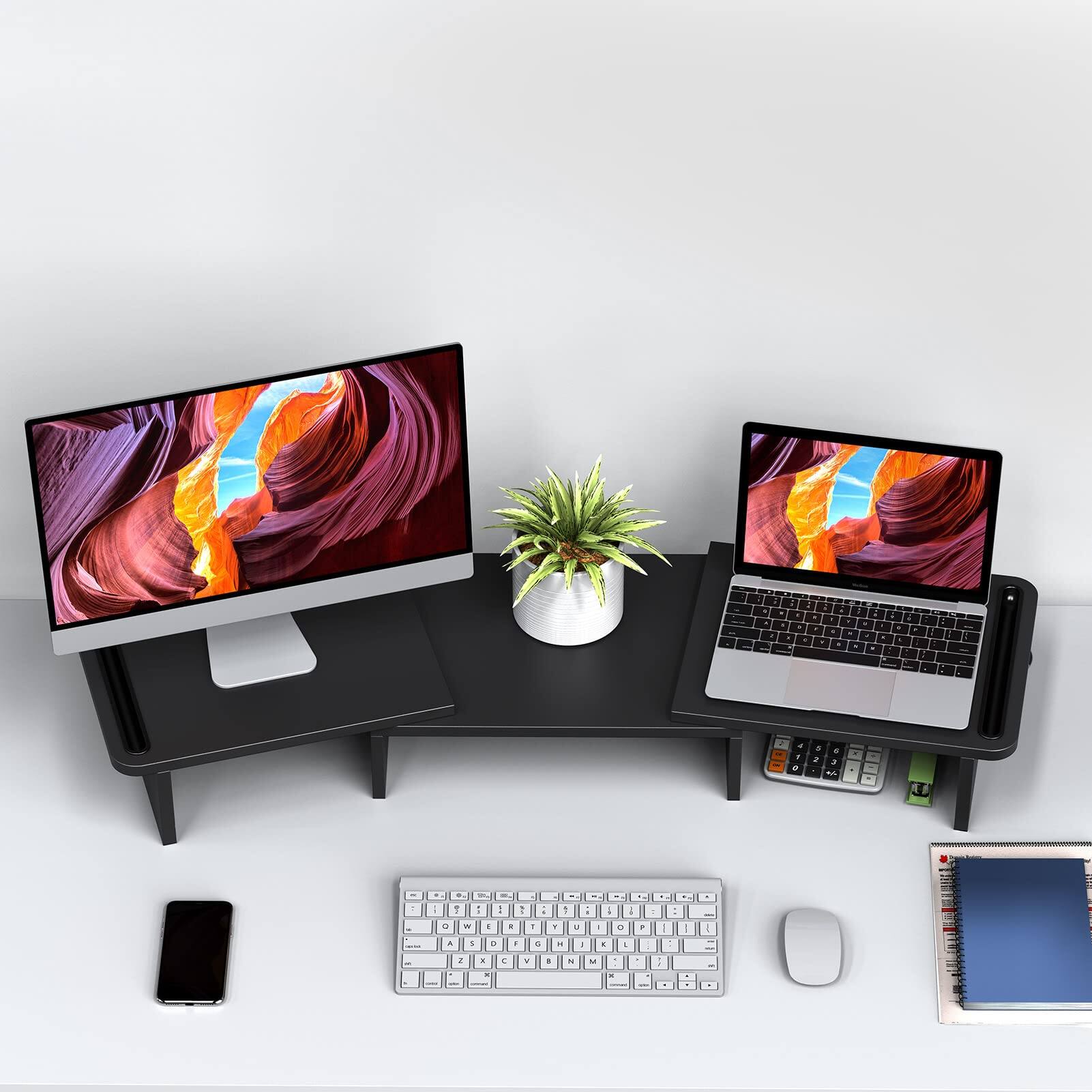 Alt View 3. Cedar Assembly - Dual Monitor Stand Riser With Adjustable Length And Angle Wood For Desk 2 Monitors Storage Space - White.