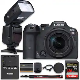 Bundle - Canon - EOS R7 Mirrorless Camera With RF-S 18-150mm f/3.5-6.3 IS STM Lens + TTL PRO Flash + SanDisk Extreme PRO 128GB - Black