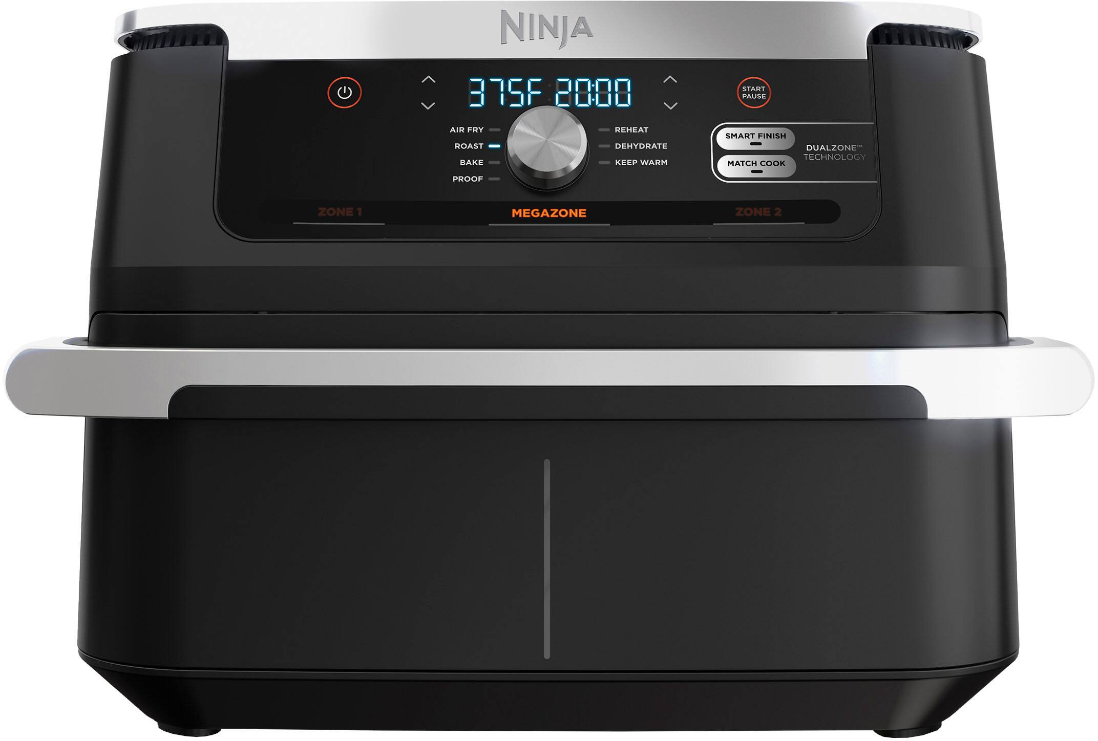 NINJA 375F 20:00 START PAUSE AIR FRY HOAST BAKE REHEAT DEHYDRATE KEEP WARM SMART FINISH DUALZONE TECHNOLOGY MATCH COOK PROOF ZONE 1 MEGAZONE ZONE 2