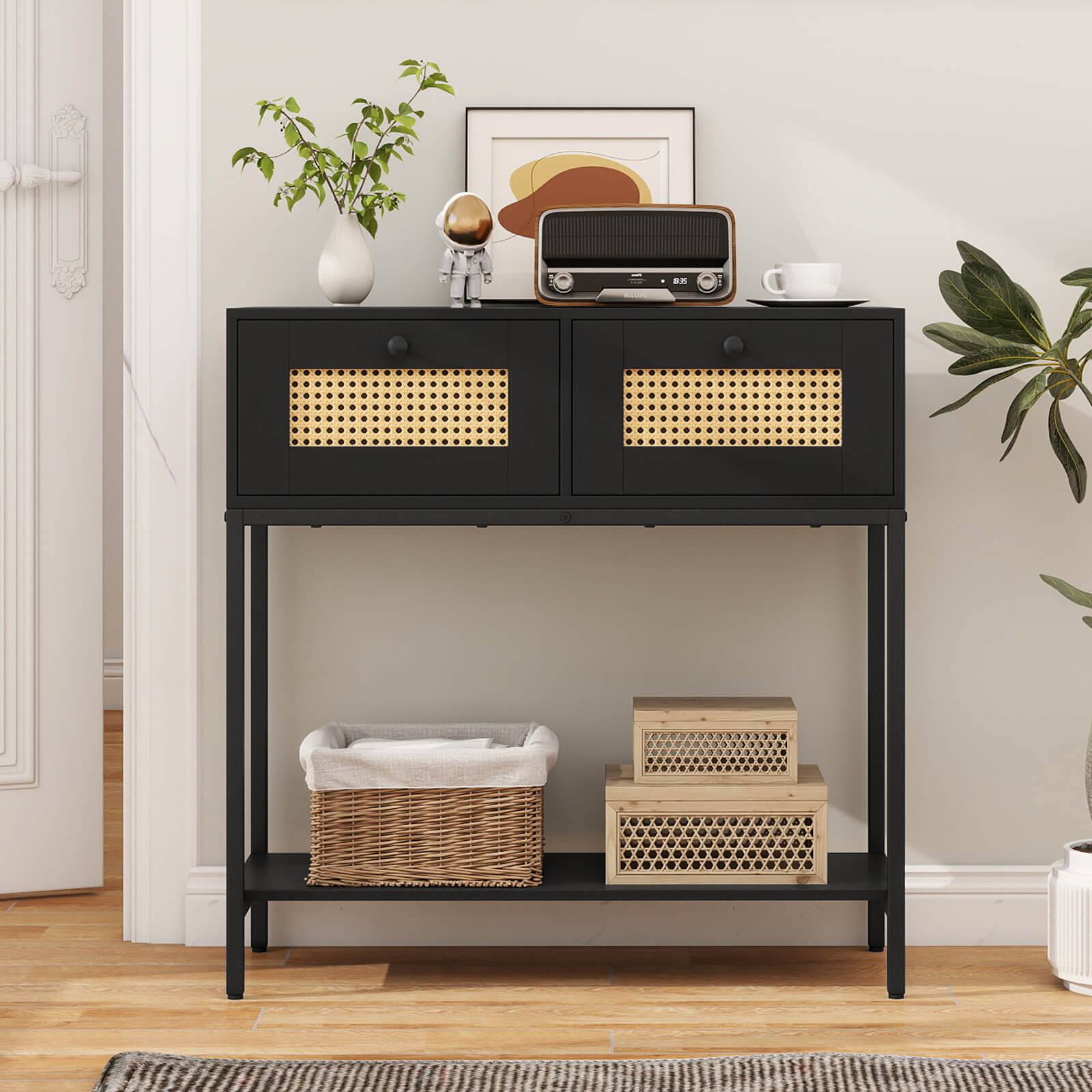 Alt View 1. Costway - Costway 32" Console Table with 2 Rattan Drawers, Open Storage Shelf, Heavy-duty Metal Frame - Black.