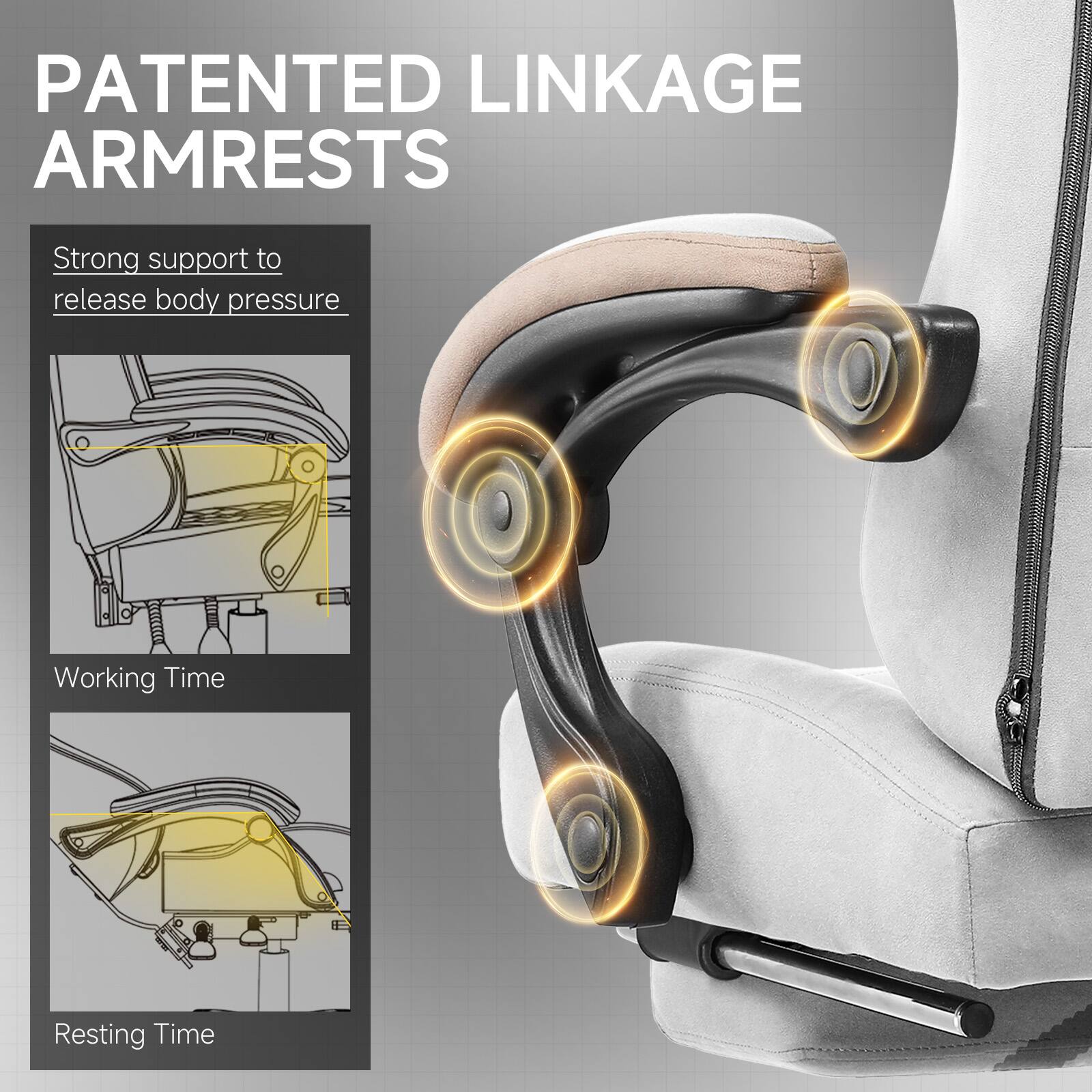PATENTED LINKAGE ARMRESTS

Strong support to release body pressure

Working Time

Resting Time
