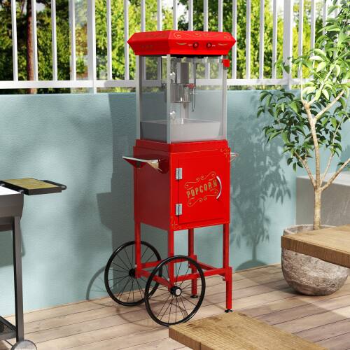 Front. WETIE - Popcorn Maker with Cart & Wheels, 6Oz 48W Kettle Popcorn Machine w/ Locker, Warming Deck for Market Movie Theater - Red.