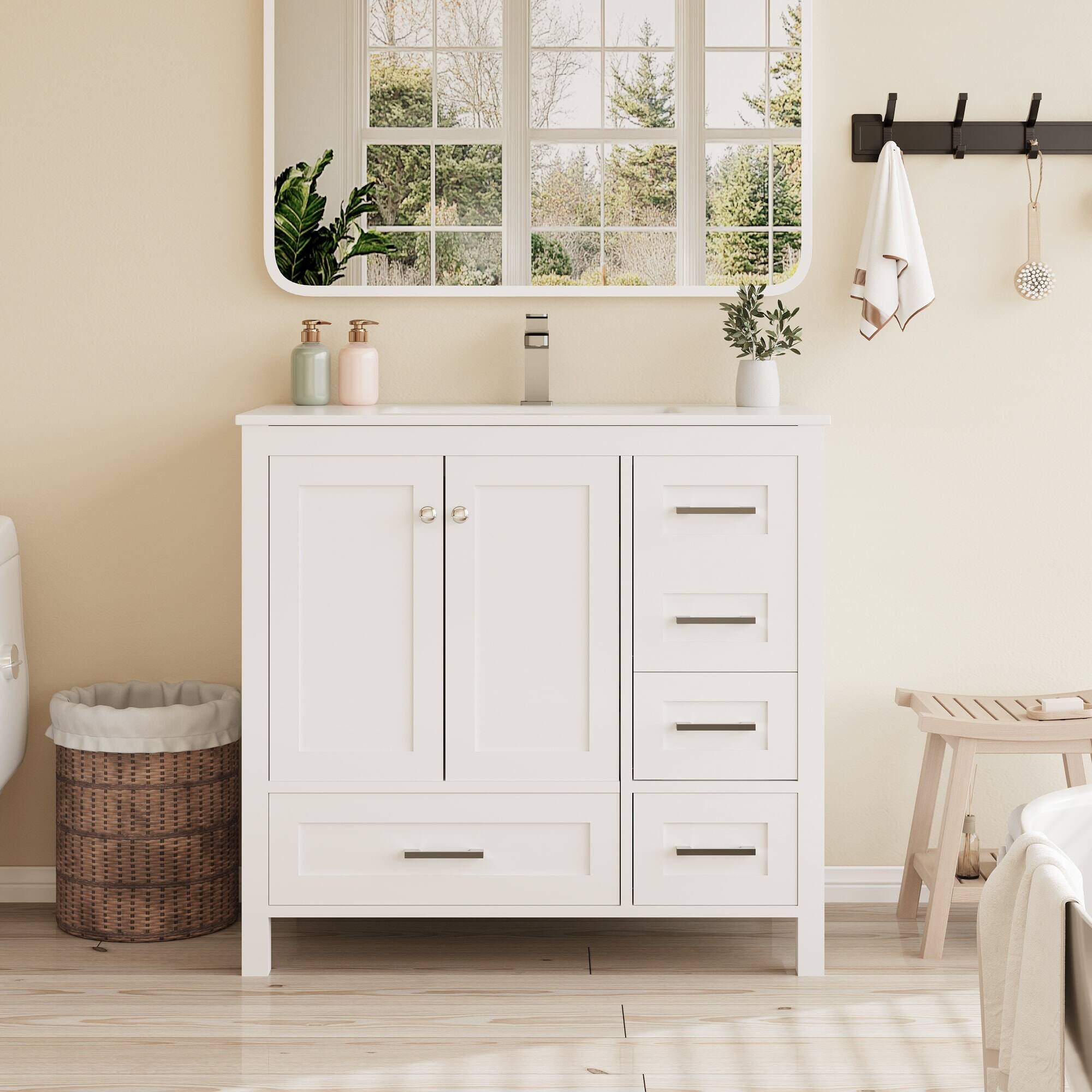 Alt View 5. U-HOMY - Modern Bathroom Vanity with Ceramic Sink, Soft-Close Storage Cabinet and Drawer, Glossy Countertop, White - 36"x18".