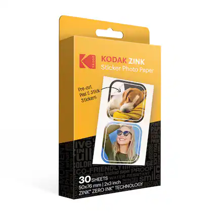 KODAK ZINK Sticker Photo Paper
Pre-cut, Peel & Stick Stickers
30 SHEETS
50x76 mm | 2x3 inch
- Water-Resistant
- Dry-to-Touch
- Instant
- Zero Ink Technology
- Color Friendly
- Proof Paper
- Sticky-Backed
- Perfect for Printing
- Make Moments
- Smile
- You Click
- What You Love
- Color
- Picture
- Technology
