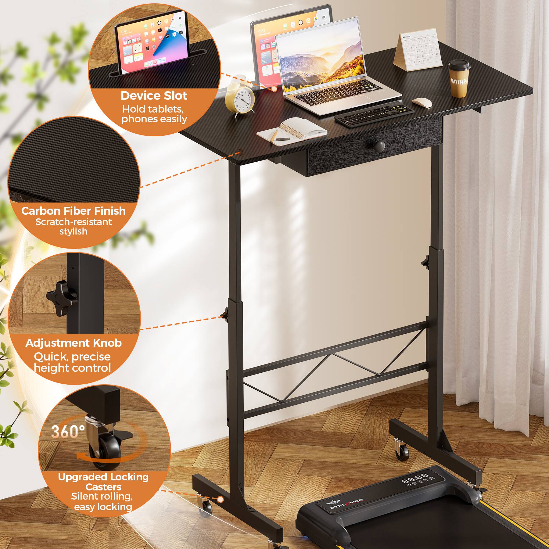 1. Device Slot Hold tablets, phones easily
2. Carbon Fiber Finish Scratch-resistant stylish
3. Adjustment Knob Quick, precise height control
4. 360° Upgraded Locking Casters Silent rolling, easy locking
