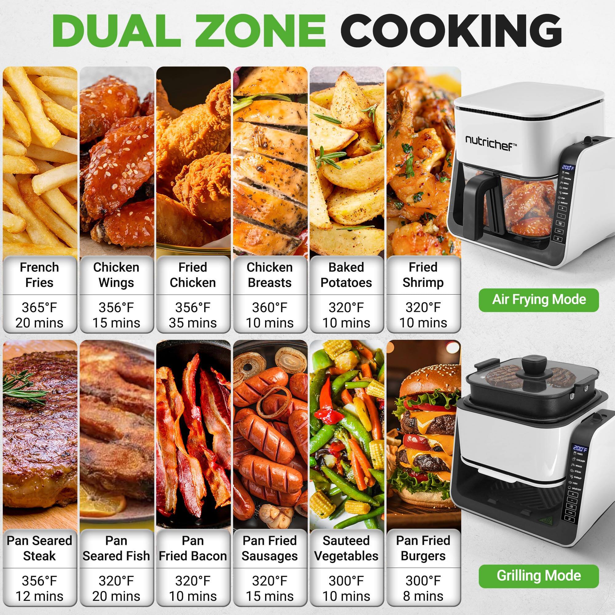 DUAL ZONE COOKING

nutrichef

French Fries  
365°F  
20 mins

Chicken Wings  
356°F  
15 mins

Fried Chicken  
356°F  
35 mins

Chicken Baked Breasts  
360°F  
10 mins

Baked Potatoes  
320°F  
10 mins

Fried Shrimp  
320°F  
10 mins

Air Frying Mode

Pan Seared Steak  
356°F  
12 mins

Pan Seared Fish  
320°F  
20 mins

Pan Fried Bacon  
320°F  
10 mins

Pan Fried Sausages  
320°F  
15 mins

Sautéed Vegetables  
300°F  
10 mins

Pan Fried Burgers  
300°F  
8 mins

Grilling Mode