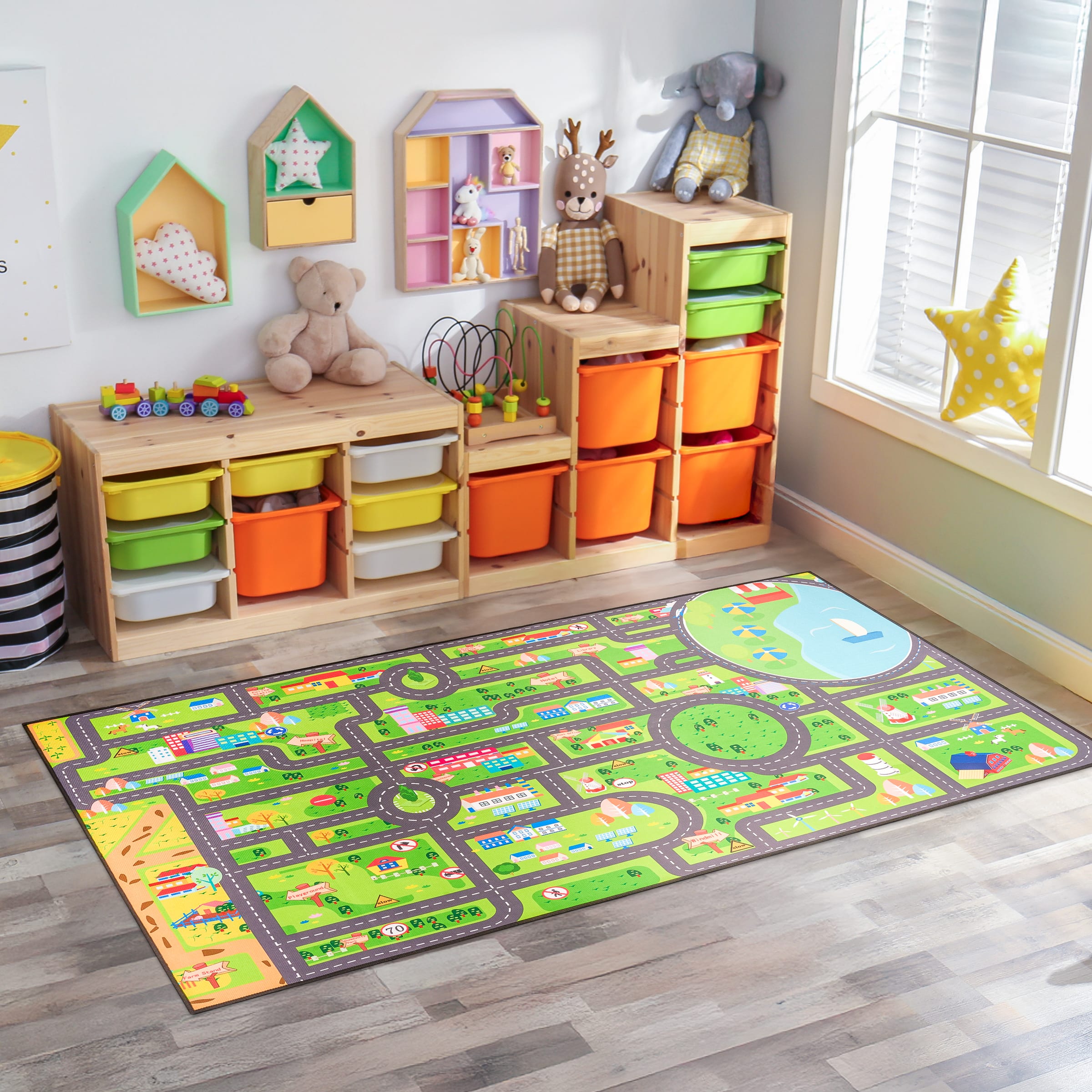 Sorbus - Car Mat - City Road Washable Rug for Kids, Car Carpet, Floor Play Mats, Easy to Clean Washable Rug - Green Large