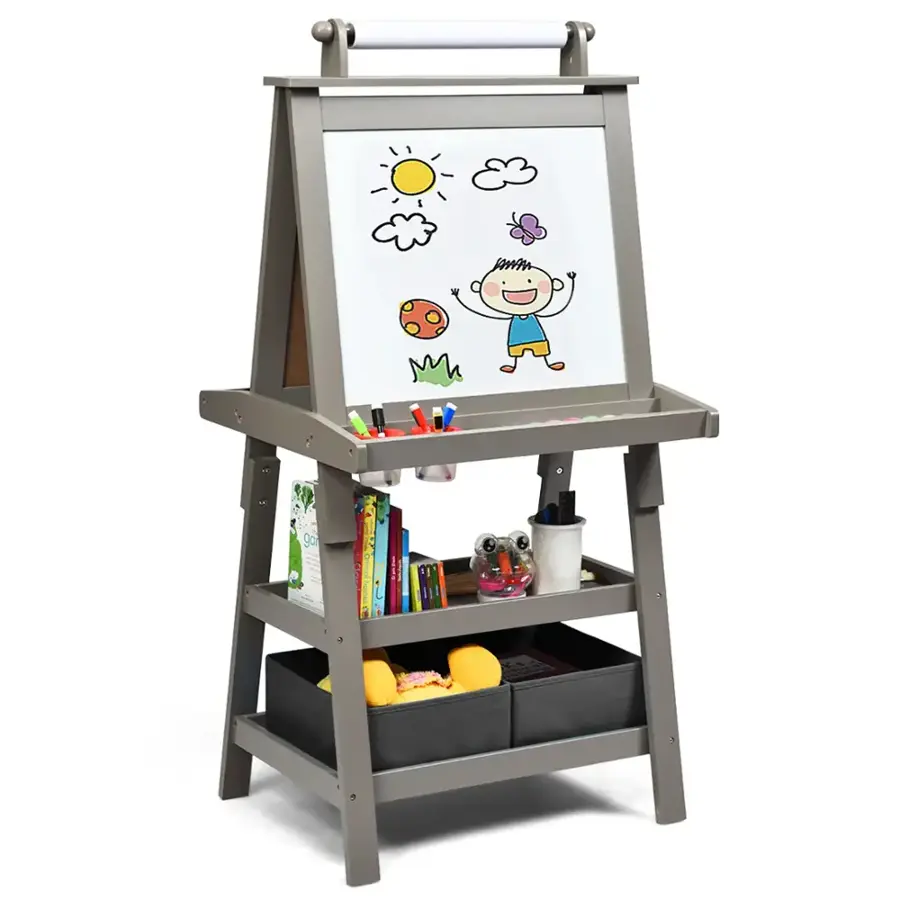 Alt View 20. Costway - 3 in 1 Double-Sided Wooden Kid's Art Easel Whiteboard Grey - Grey.