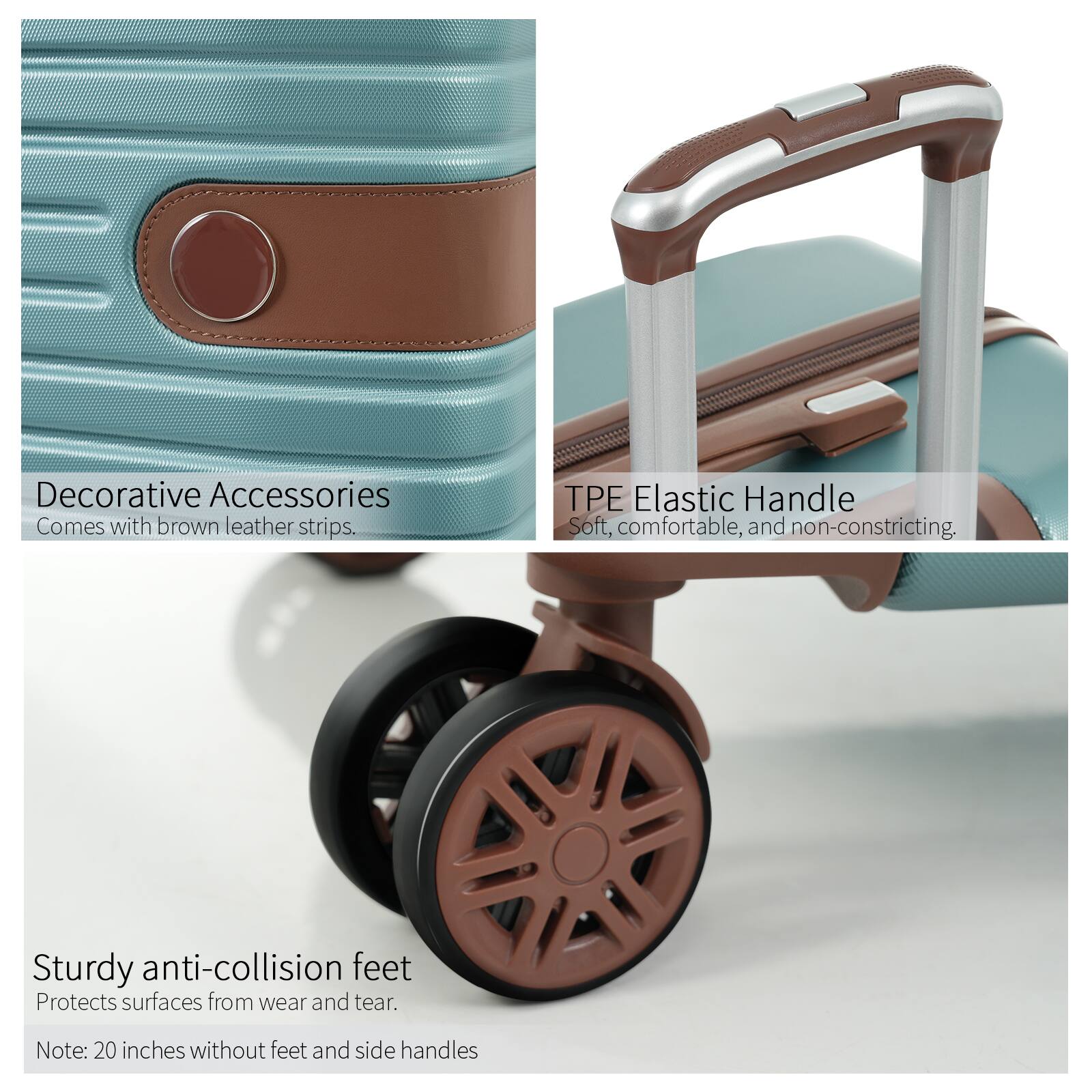 Decorative Accessories  
Comes with brown leather strips.

TPE Elastic Handle  
Soft, comfortable, and non-constricting.

Sturdy anti-collision feet  
Protects surfaces from wear and tear.

Note: 20 inches without feet and side handles