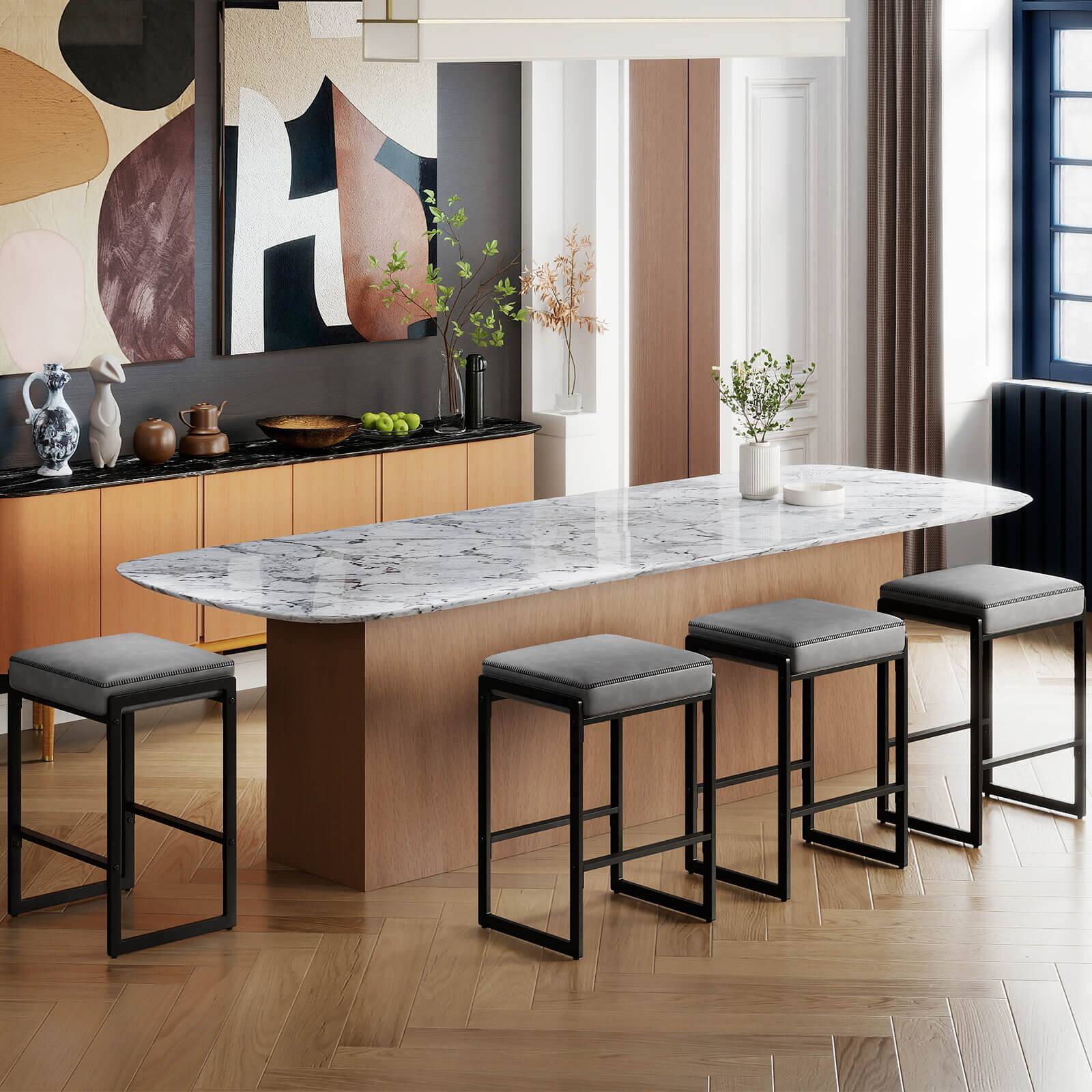 Alt View 4. Costway - Costway 26" Bar Stools Set of 2 with Faux Leather Upholstered Seat, Metal Legs, Footrests - Gray + Black.