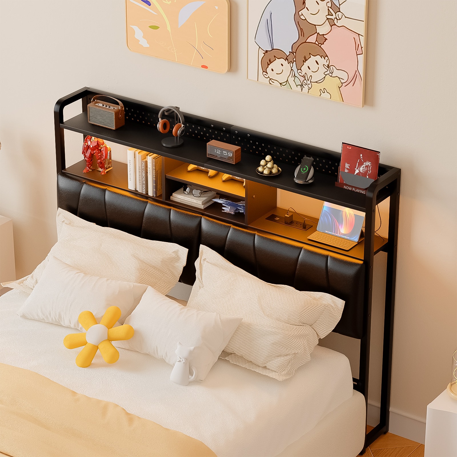 Aheaplus - Queen Size Upholstered Headboard with Power Outlets, USB Ports & RGB LED Light - Black