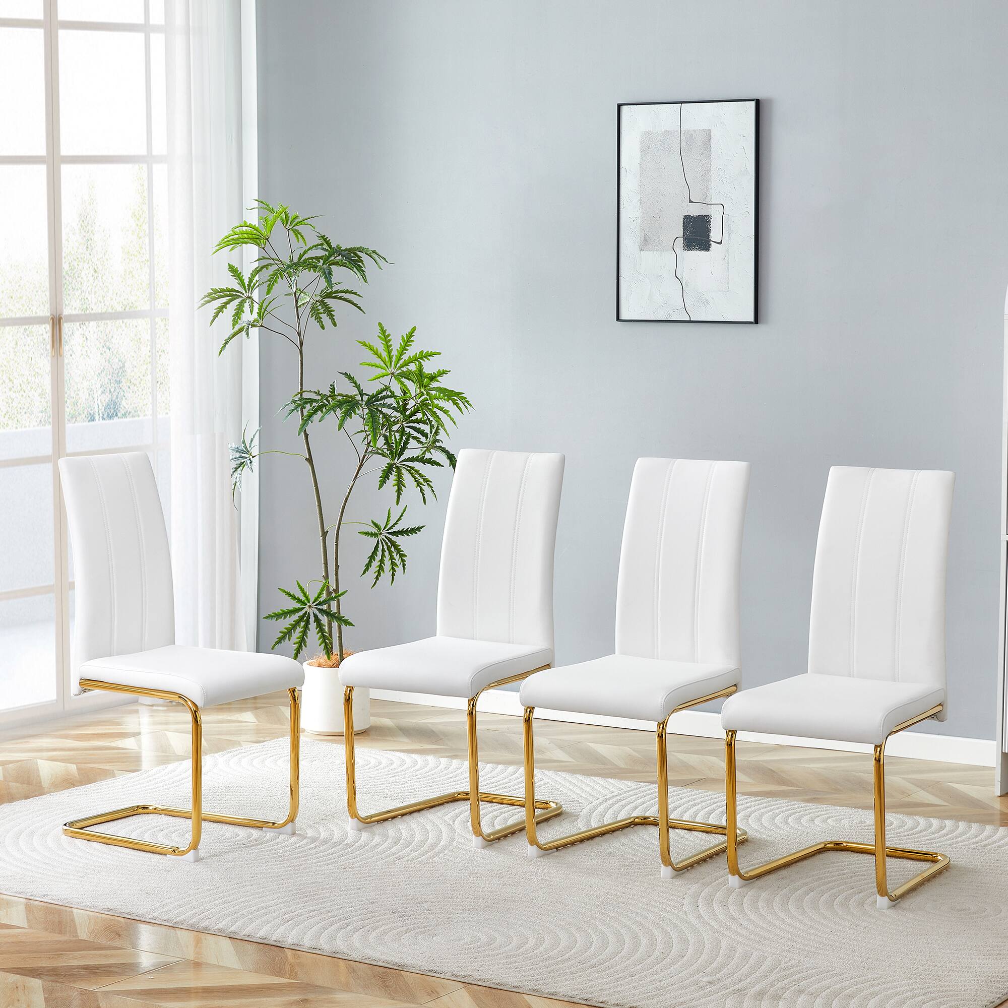 Back. Loheer - High Back PU Dining Chairs with Gold Legs - Set of 2 - Gold,White.