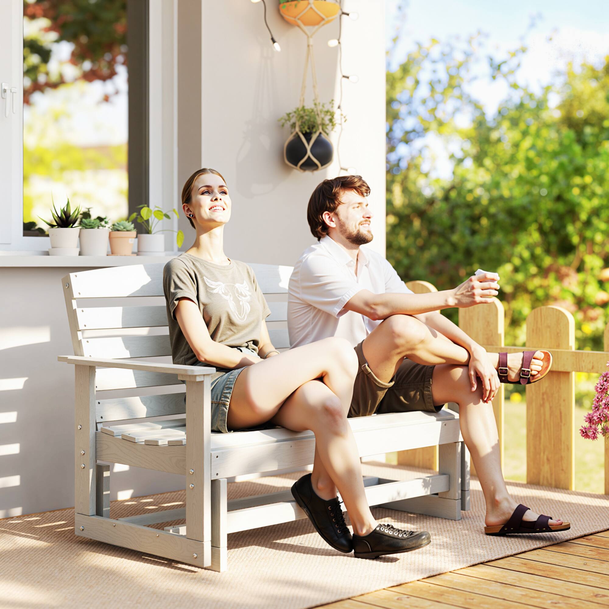Alt View 1. Outsunny - Glider Bench w/ HDPE Slatted Double Rocking Chair - Distressed White.