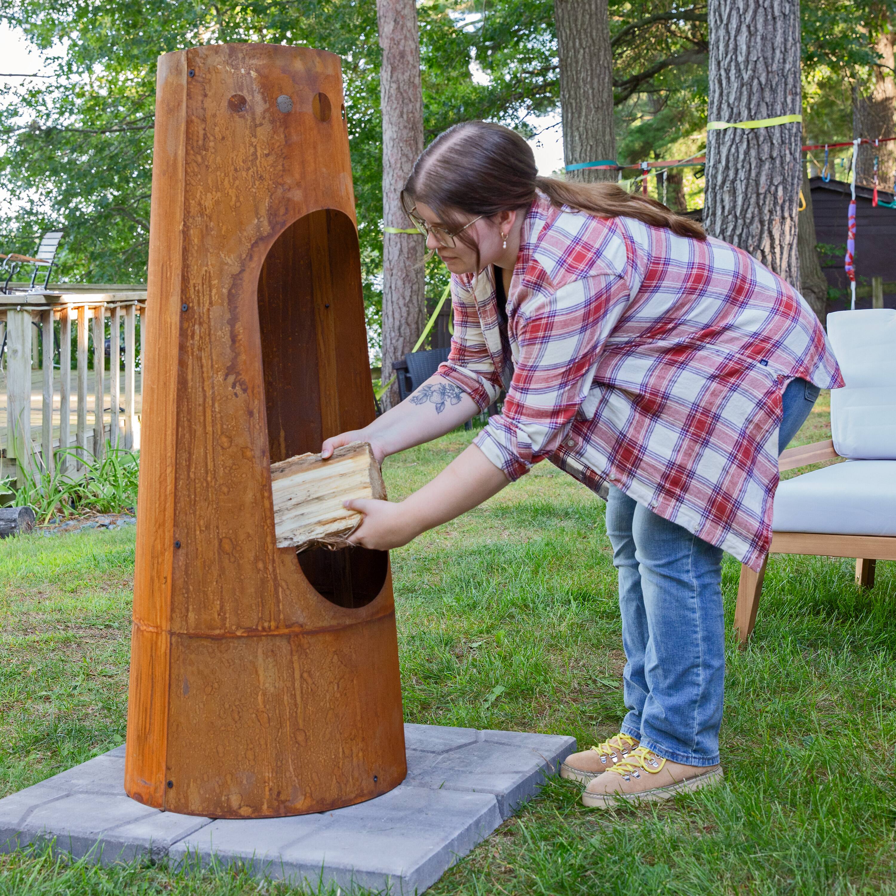 Alt View 4. Sunnydaze - 50 in Santa Fe Wood Burning Chiminea Fire Pit with Log Grate - Dark Orange.