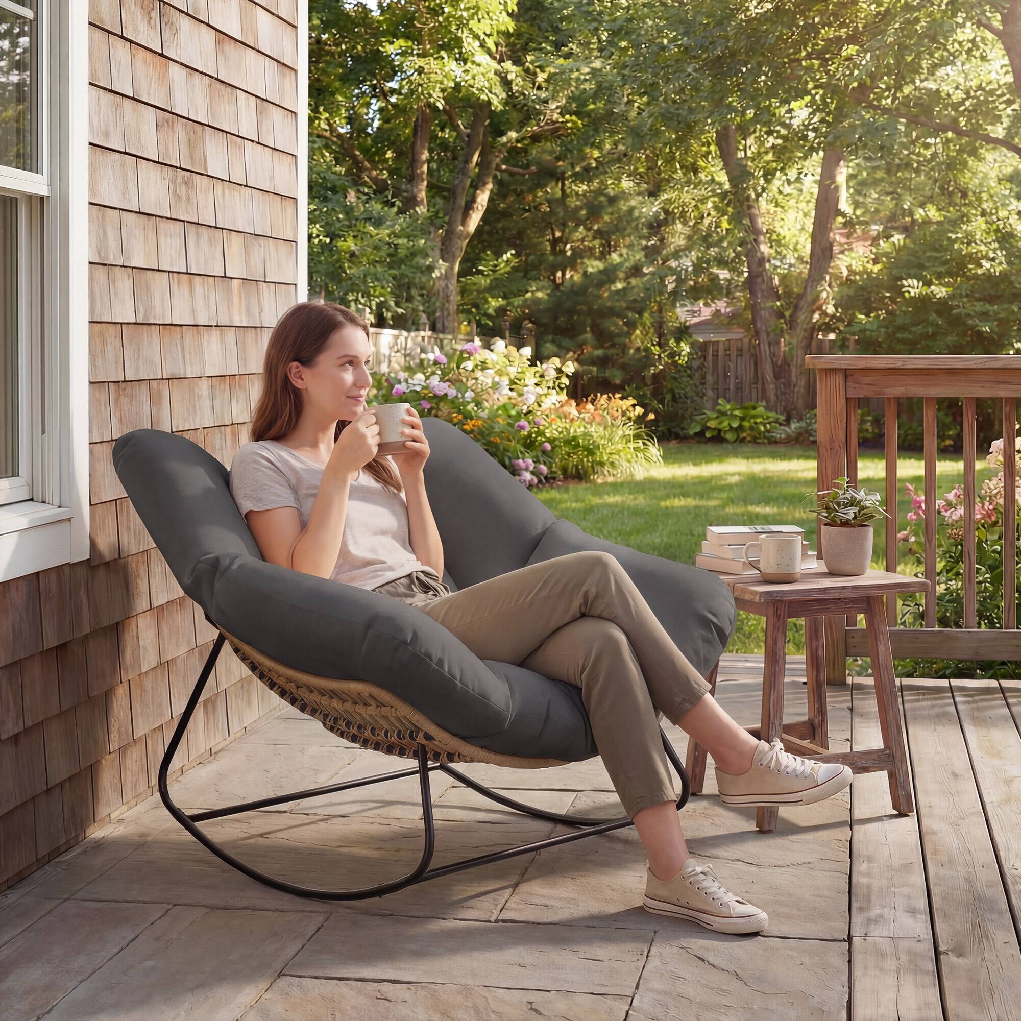 Alt View 8. Outsunny - Outdoor Papasan Rocking Chair, Oversized Rocking Egg Chair with Cushion for Garden, Patio - Dark Gray.