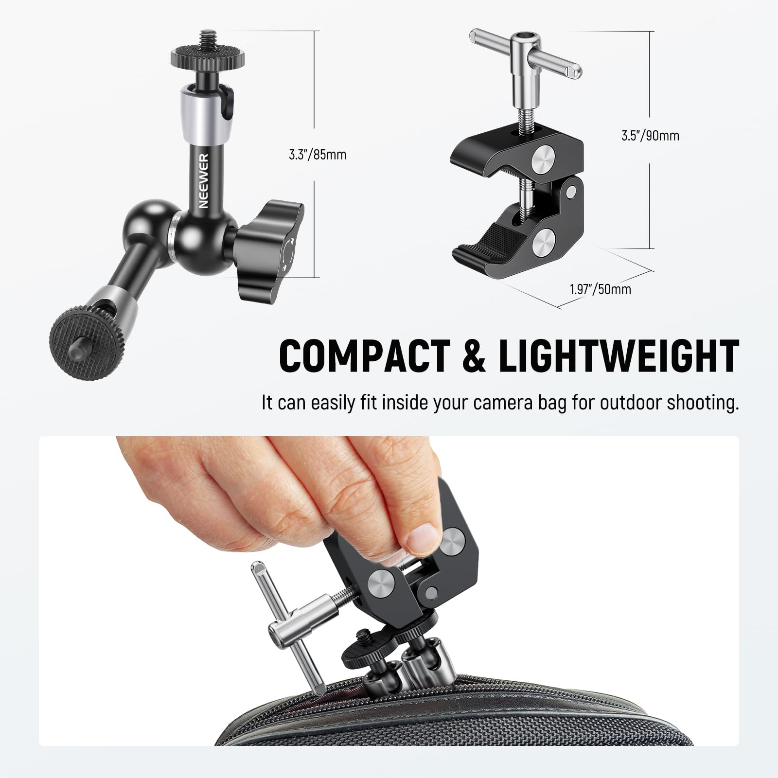 NEEWER 3.3/85mm 3.5/90mm 1.97*50mm COMPACT & LIGHTWEIGHT

It can easily fit inside your camera bag for outdoor shooting.