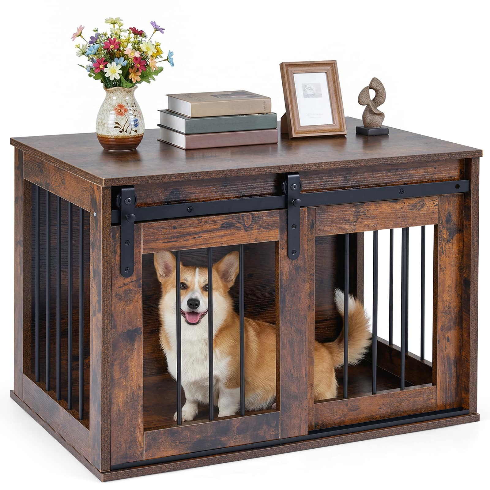 Gymax - Dog Crate Furniture 31.5'' Heavy Duty Dog Kennel w/Sliding Barn Door Metal Frame Rustic Brown