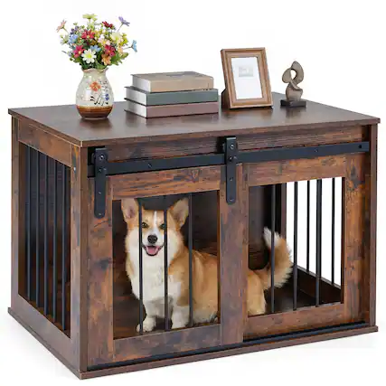 Front. Gymax - Gymax Dog Crate Furniture 31.5'' Heavy Duty Dog Kennel w/Sliding Barn Door Metal Frame Rustic Brown.