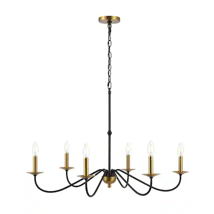 Front. Jonathan Y - Wicklow 34.75" 6-Light Bohemian Farmhouse Iron LED Chandelier, Brass Gold/Black - Brass Gold/Black.