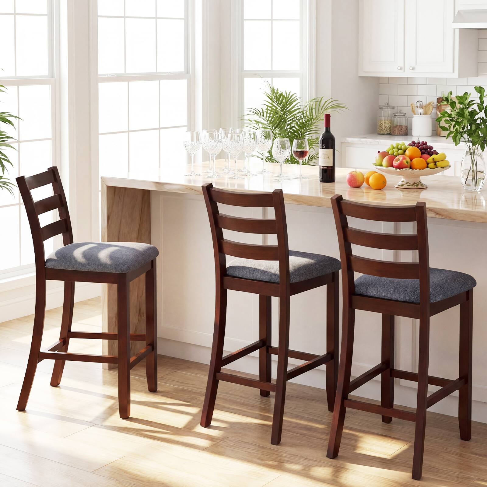 Alt View 4. Costway - Costway Set of 2 Barstools Counter Height Chairs w/Fabric Seat & Rubber Wood Legs - Grey,Brown.