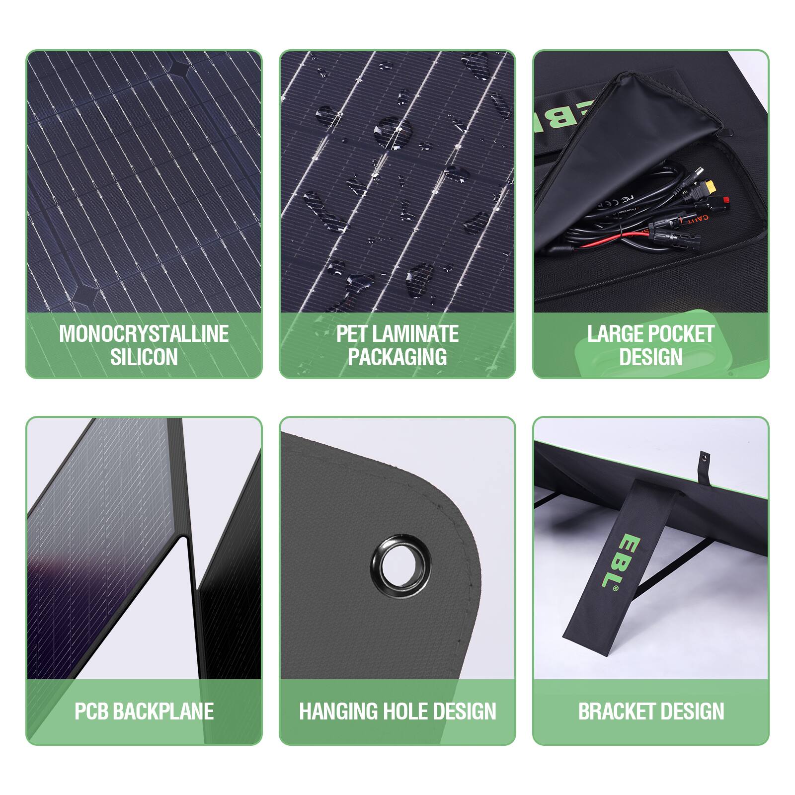 - Monocrystalline Silicon
- PET Laminate Packaging
- Large Pocket Design
- PCB Backplane
- Hanging Hole Design
- Bracket Design