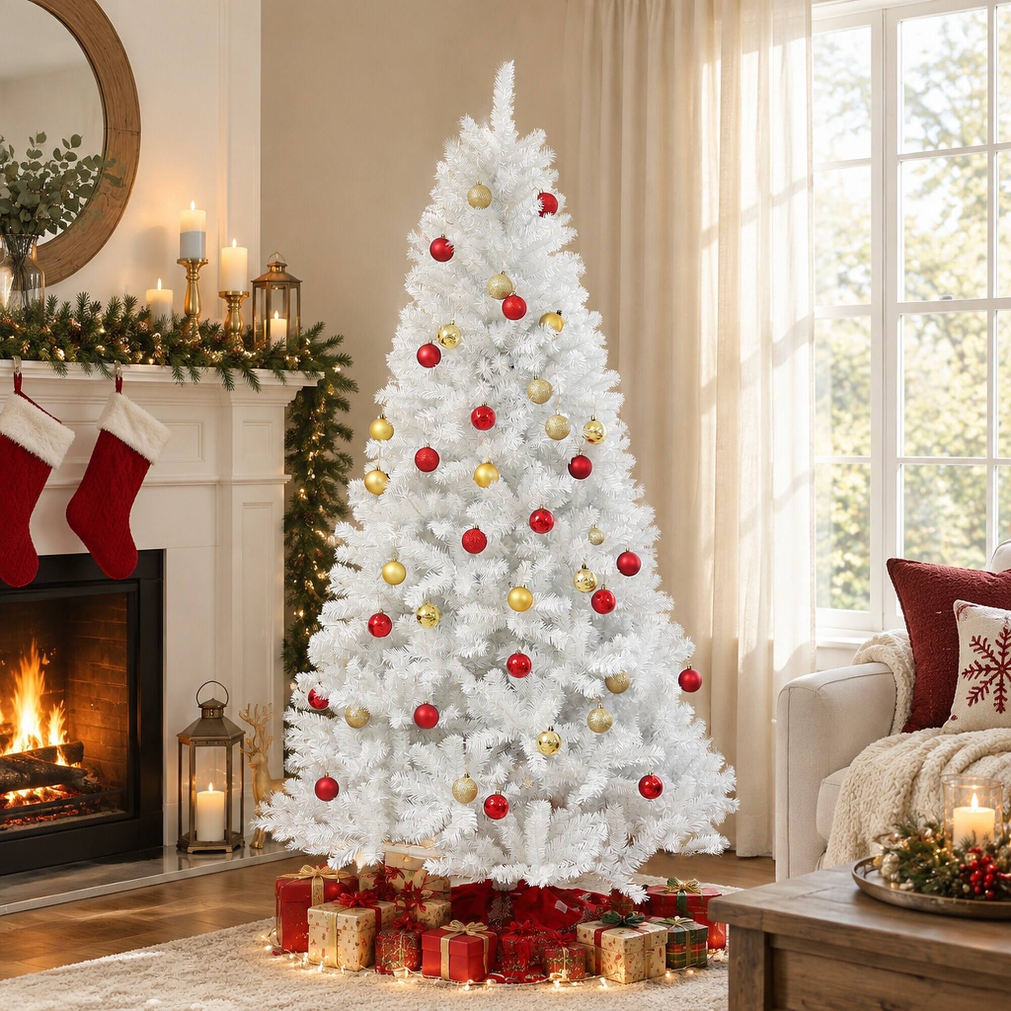 Angle. RYHNUYNE - 9 Ft Unlit White Artificial Christmas Tree With 2132 Branch Tips, Auto Open Steel Base Hinged Holiday Decor - White.