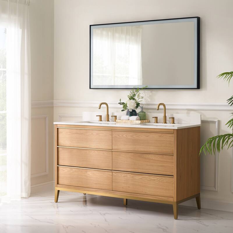 Angle. WELLFOR - 60" Freestanding Solid Wood Bathroom Vanity with Carrara White Quartz Vanity Top & 6 Soft-Close Drawers and Backsplash - Oak.