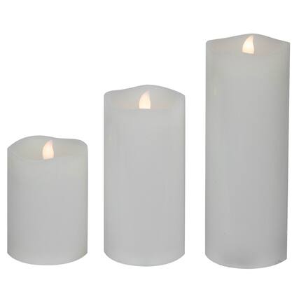 Front. Northlight - LED Flickering Flameless Wax Pillar Candles - 8" - White - Set of 3 - White.