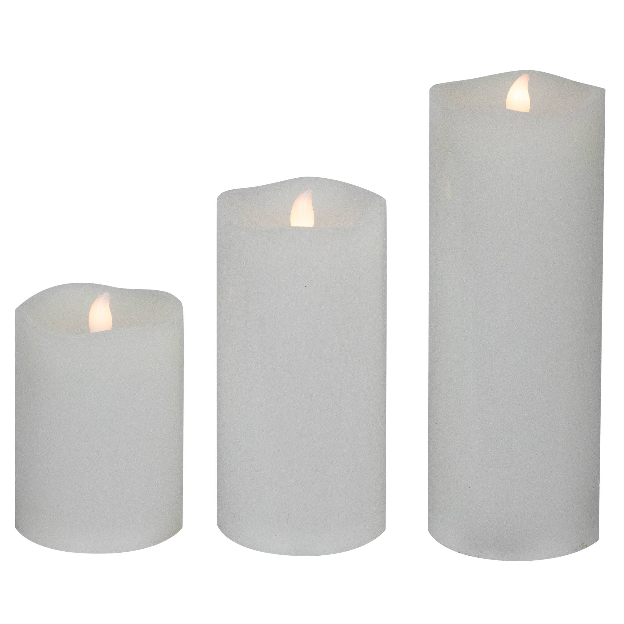 Front. Northlight - LED Flickering Flameless Wax Pillar Candles - 8" - White - Set of 3 - White.