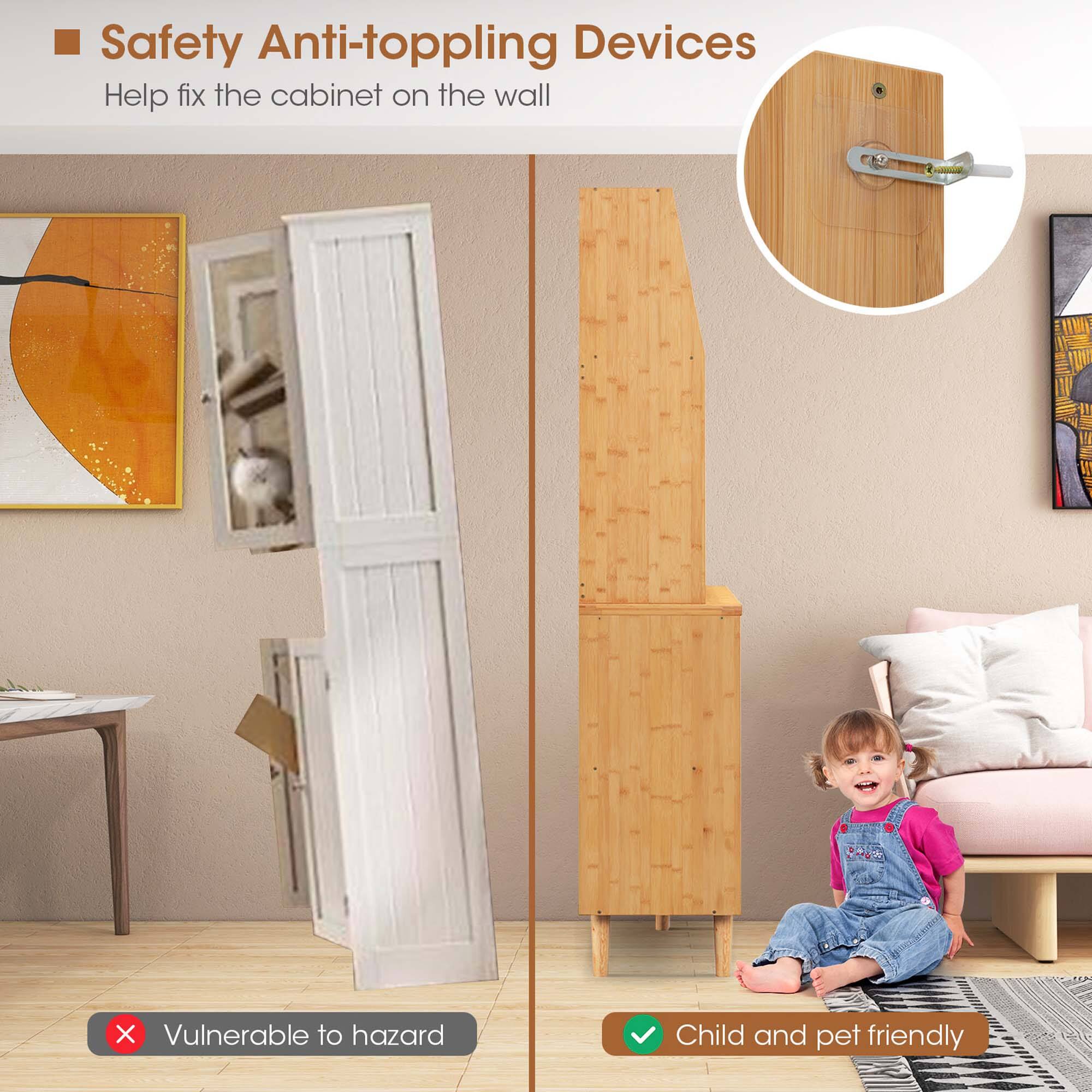 The image features a child sitting on a couch next to a wooden cabinet. The cabinet is equipped with safety anti-toppling devices, which help fix the cabinet on the wall and prevent it from falling. The cabinet is also child and pet friendly, ensuring the safety of both the child and any pets in the area.