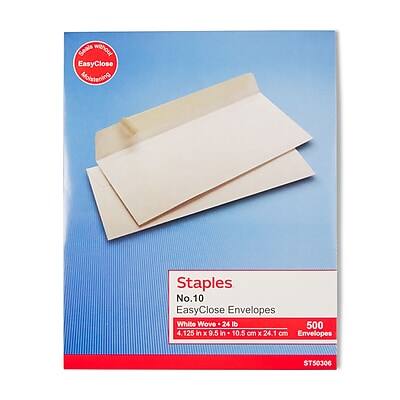 Staples  
No.10  
EasyClose Envelopes  
White Wove 24 lb  
4 1/25 in x 9 5/8 in  
10.5 cm x 24.1 cm  
500 Envelopes  
ST50306