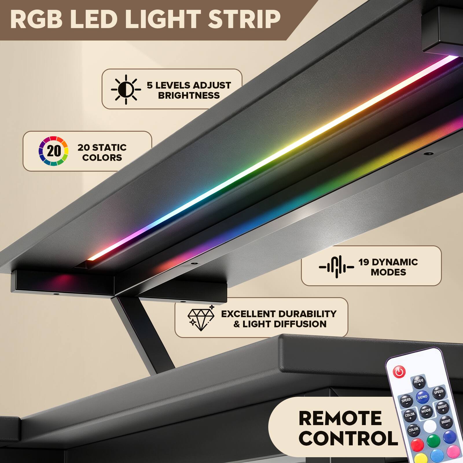 RGB LED LIGHT STRIP

- 5 LEVELS ADJUST BRIGHTNESS
- 20 STATIC COLORS
- 19 DYNAMIC MODES
- EXCELLENT DURABILITY & LIGHT DIFFUSION
- REMOTE CONTROL