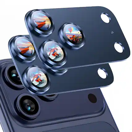Front. Dteck - 2 Pack Camera Lens Protectors for iPhone 17 Pro, Strong Adsorption Metal Tempered Glass Rear Camera Cover - Blue.