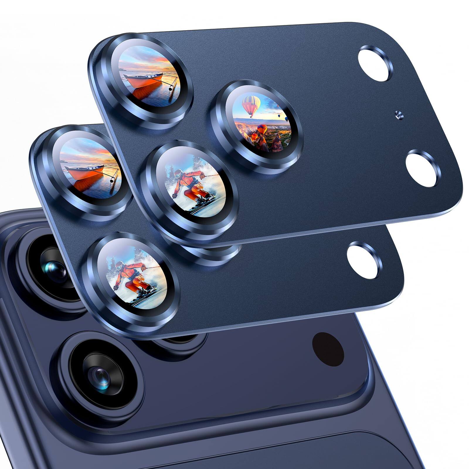 Front. Dteck - 2 Pack Camera Lens Protectors for iPhone 17 Pro Max, Strong Adsorption Metal Tempered Glass Rear Camera Cover - Blue.