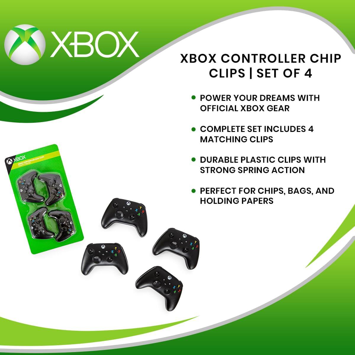 XBOX CONTROLLER CHIP CLIPS | SET OF 4

- POWER YOUR DREAMS WITH OFFICIAL XBOX GEAR
- COMPLETE SET INCLUDES 4 MATCHING CLIPS
- DURABLE PLASTIC CLIPS WITH STRONG SPRING ACTION
- PERFECT FOR CHIPS, BAGS, AND HOLDING PAPERS