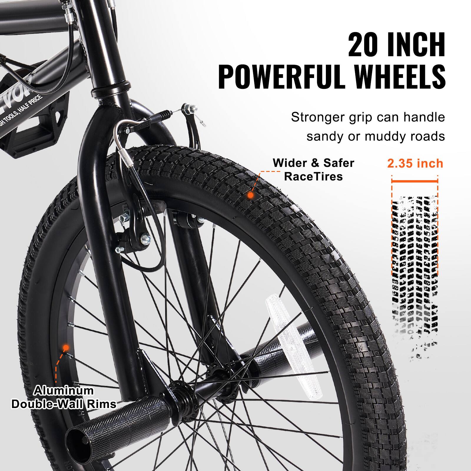 NVO HALF PRICE AHL TOOLS, 20 INCH POWERFUL WHEELS Stronger grip can handle sandy or muddy roads Wider & Safer RaceTires 2.35 inch Aluminum Double-Wall Rims