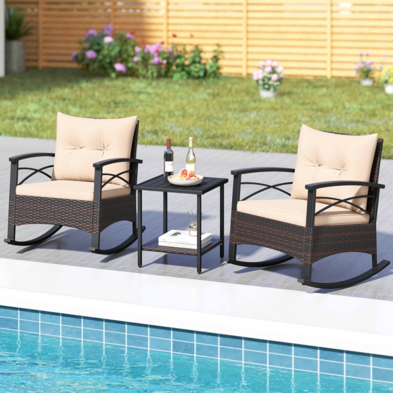 Front. Mondawe - Freestanding Rocking Bistro Set with 2 Rocker Chairs & 2-Tier Table 3-Piece - Mix Brown+Beige.