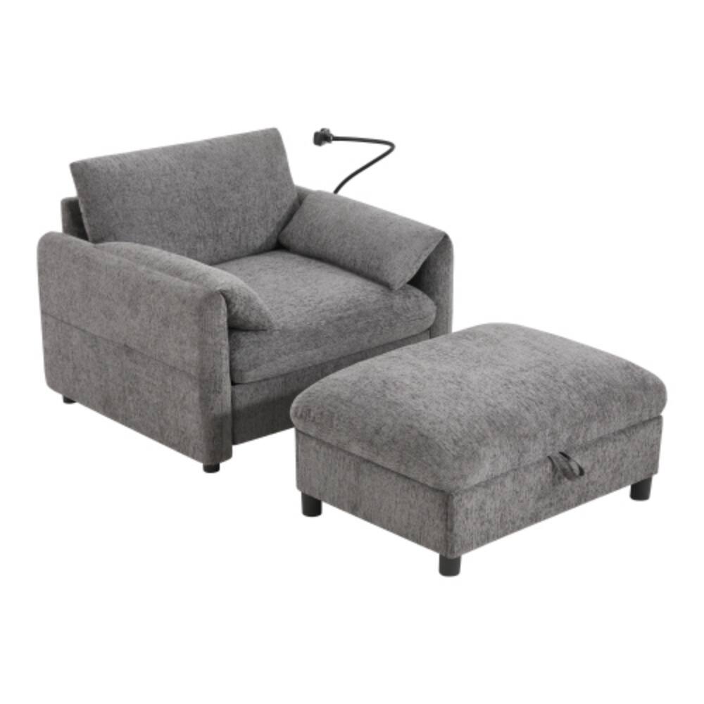 Alt View 7. LUCKY ONE - 38" Single Chenille Sofa w/ Storage Ottoman Phone Holder USB Charger Armrest Pockets - Gray.