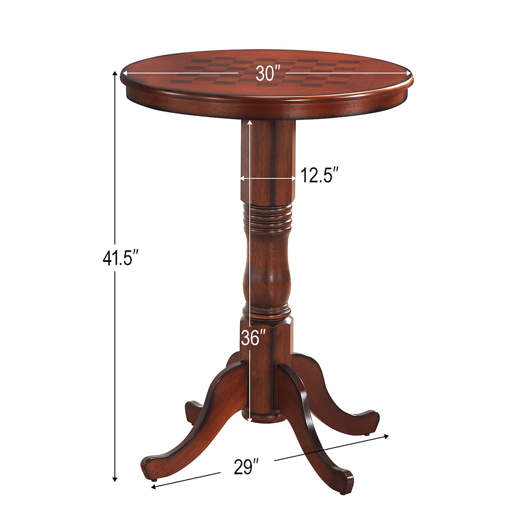 - Diameter: 30"
- Top Thickness: 12.5"
- Height: 41.5"
- Leg Height: 36"
- Leg Width: 29"