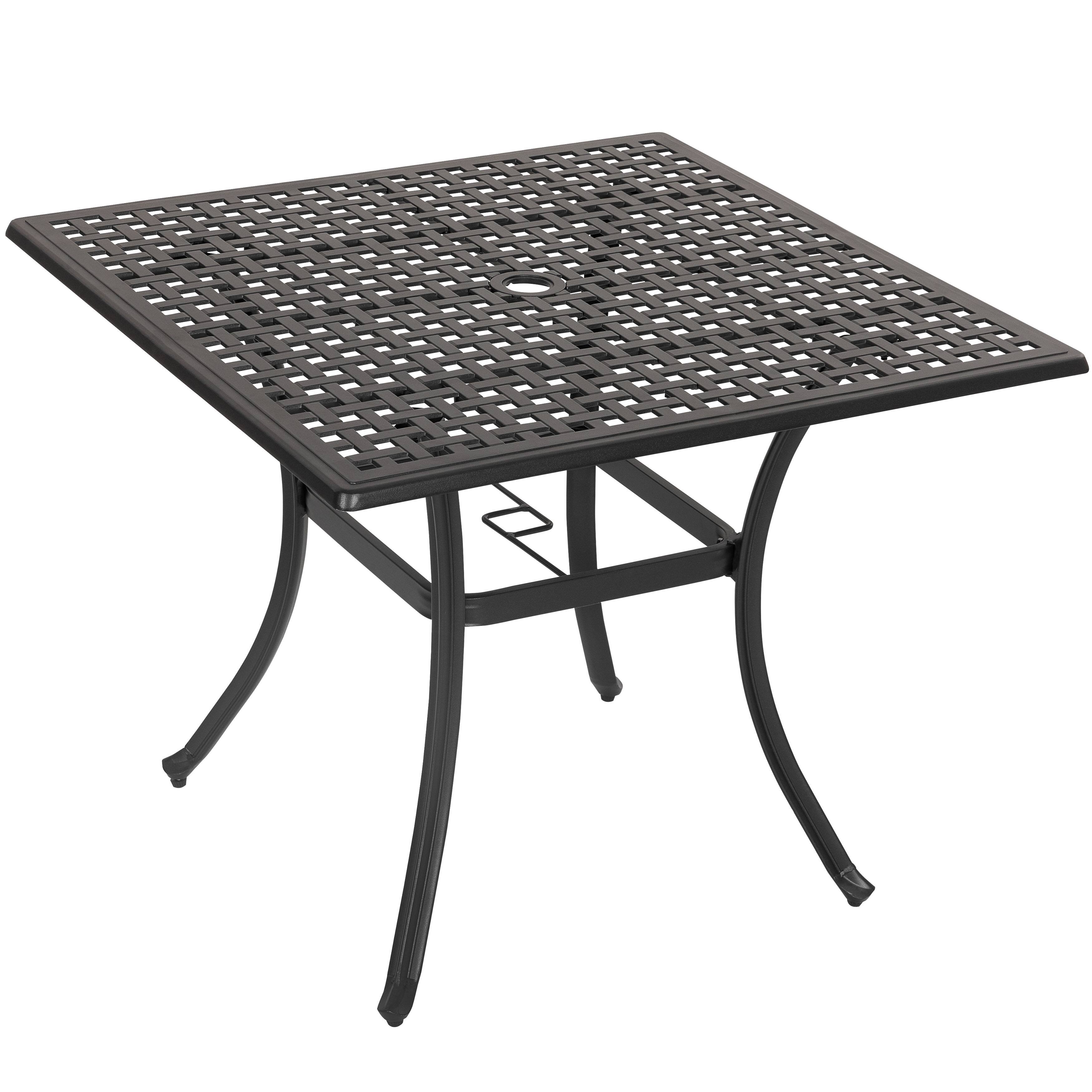 Alt View 6. Nuu Garden - 35.4'' Square Cast Aluminum Outdoor Dining Table with Umbrella Hole and Mesh Tabletop - Black with Gold Speckles.