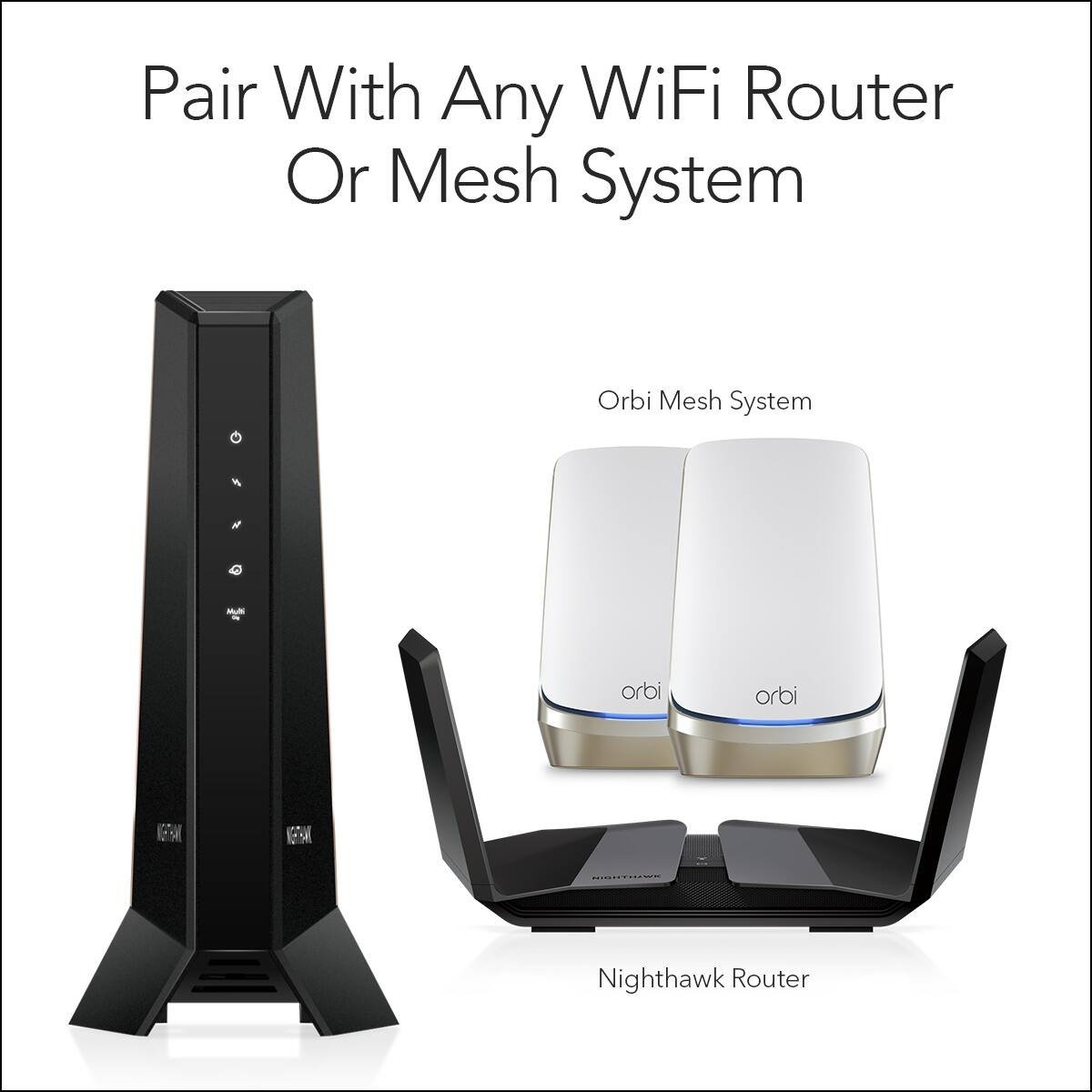Pair with any WiFi router or mesh system, such as the Orbi Mesh System or the Nighthawk Router.