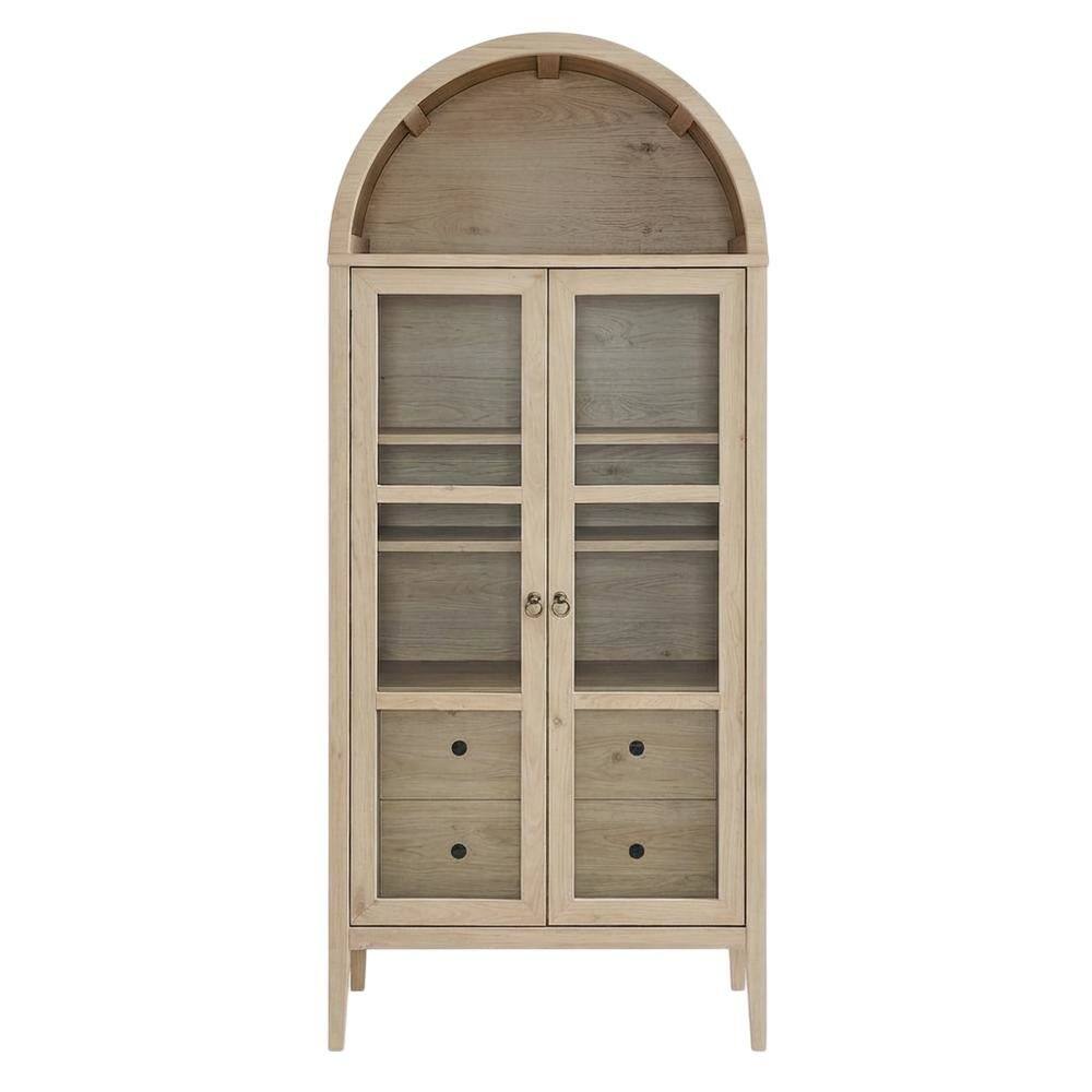 Back. FurniFact - Tall Arched Storage Cabinet In Rustic Finish With Versatile Display And Storage - Light Oak.