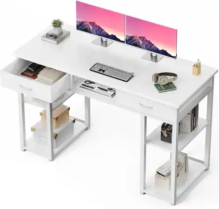 Front. Sweet - 48 Inch Home Office Desk with Fabric Drawers, Study Computer Desk Writing Table for Small Space, White - White.