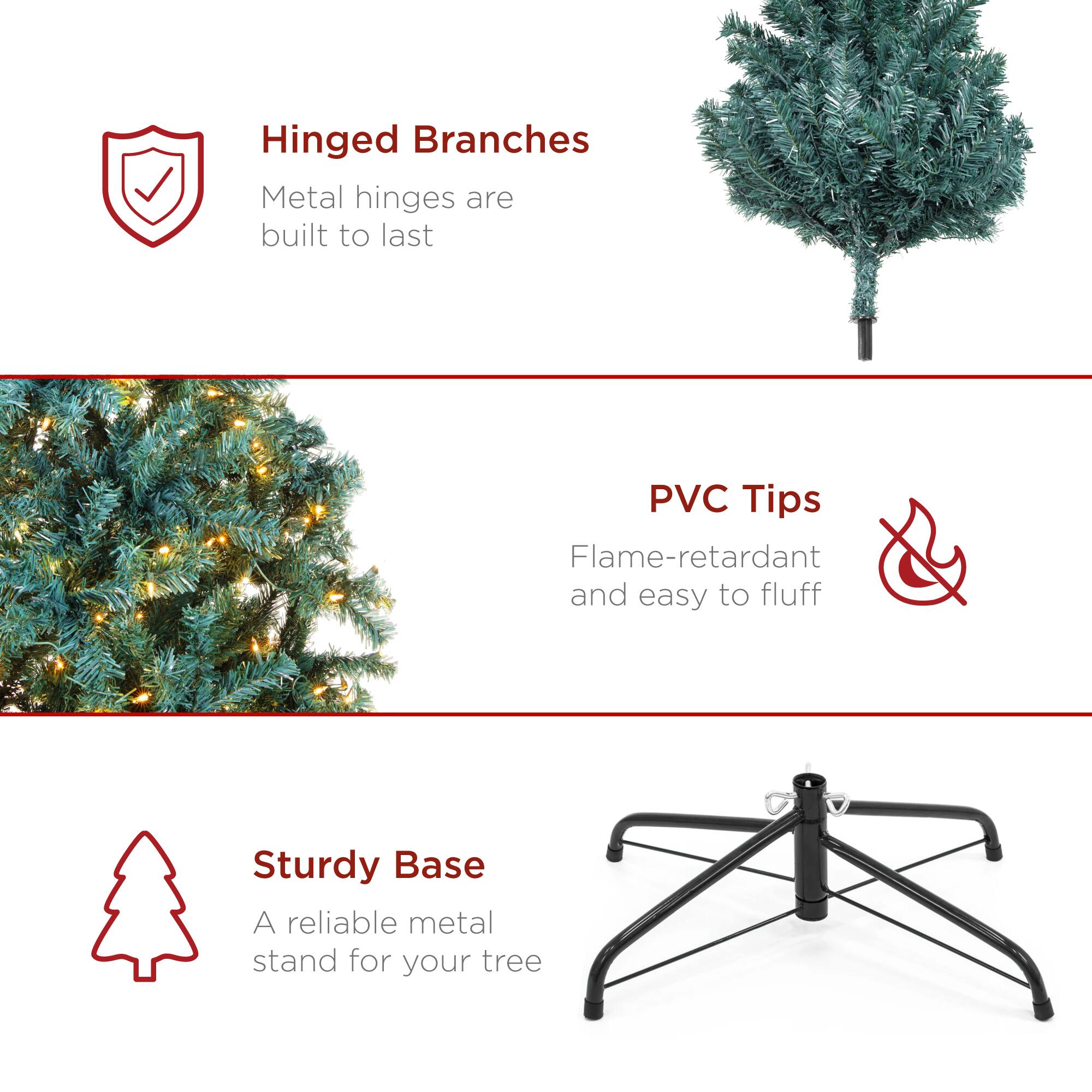 Hinged Branches  
Metal hinges are built to last  

PVC Tips  
Flame-retardant and easy to fluff  

Sturdy Base  
A reliable metal stand for your tree