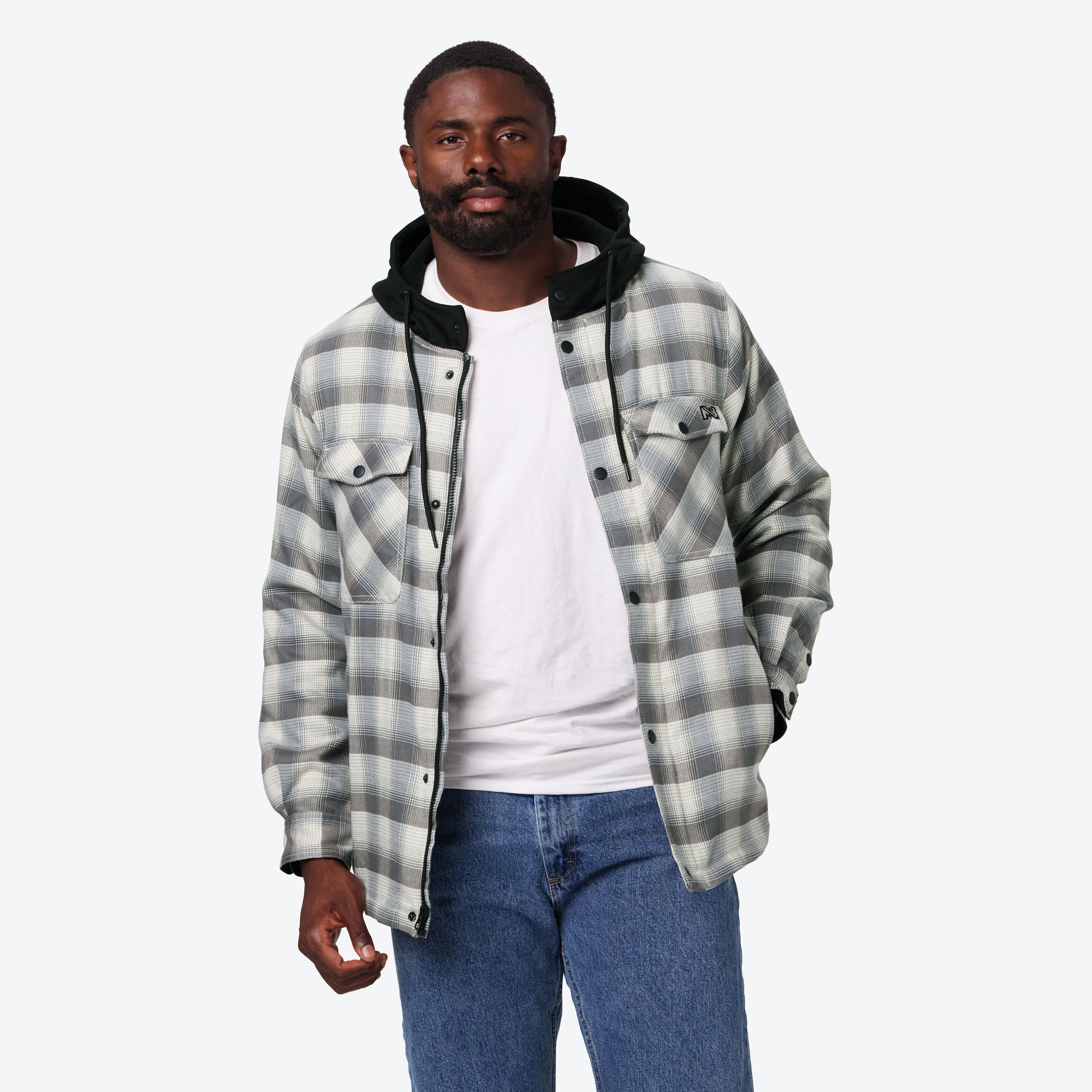 Front. Mobile Warming - Men's Flannel Heated Hoodie Jacket - Cream/Grey.