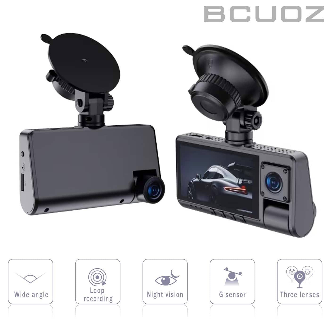 BCUOZ - 1080P Dash Cam with Loop Recording, G-Sensor, 3 Lenses, Night Vision - Black