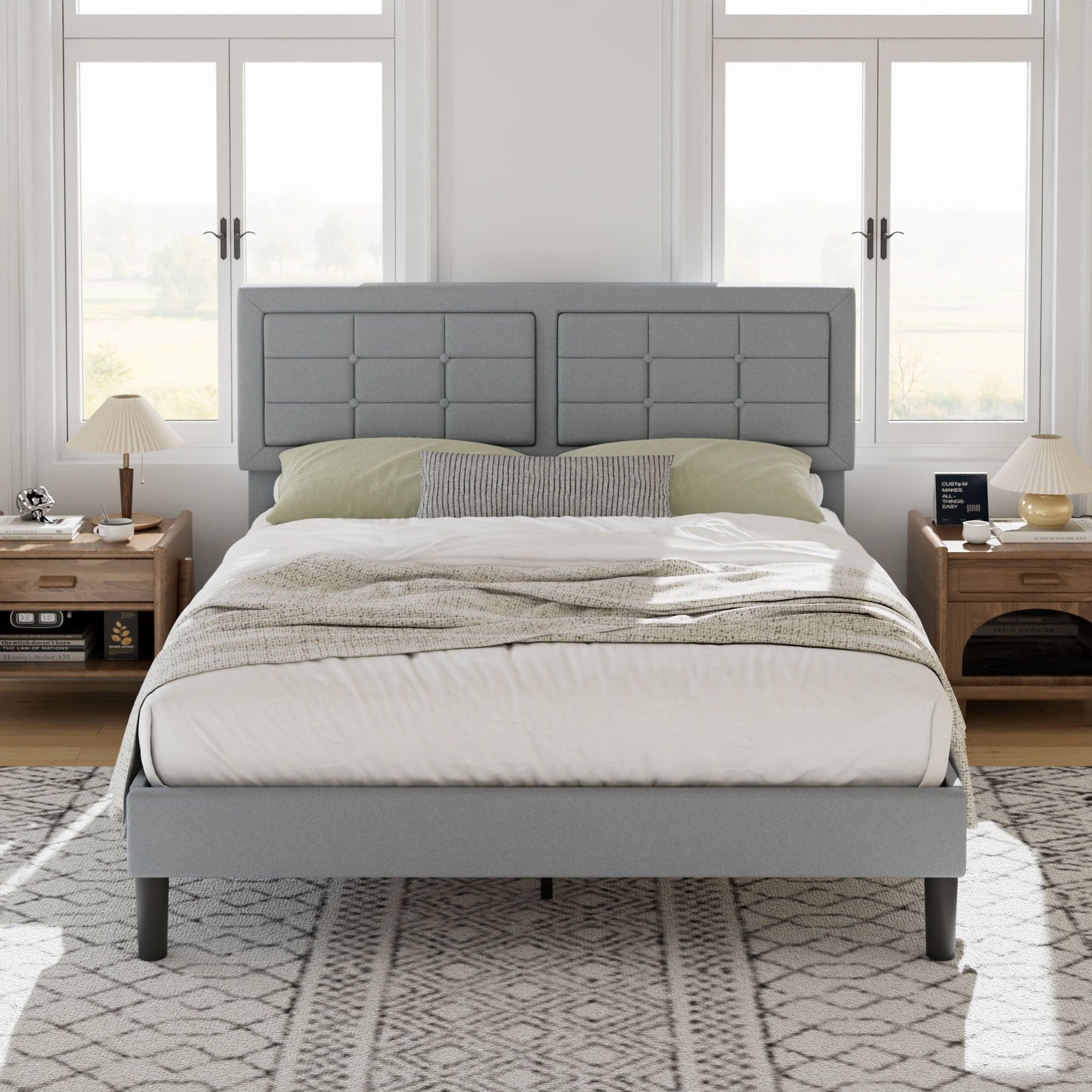 Vecelo - Modern Queen Upholstered Bed Frame with Adjustable Headboard, Linen Tufted Platform Bed, Noise-Free Design - Light Gray