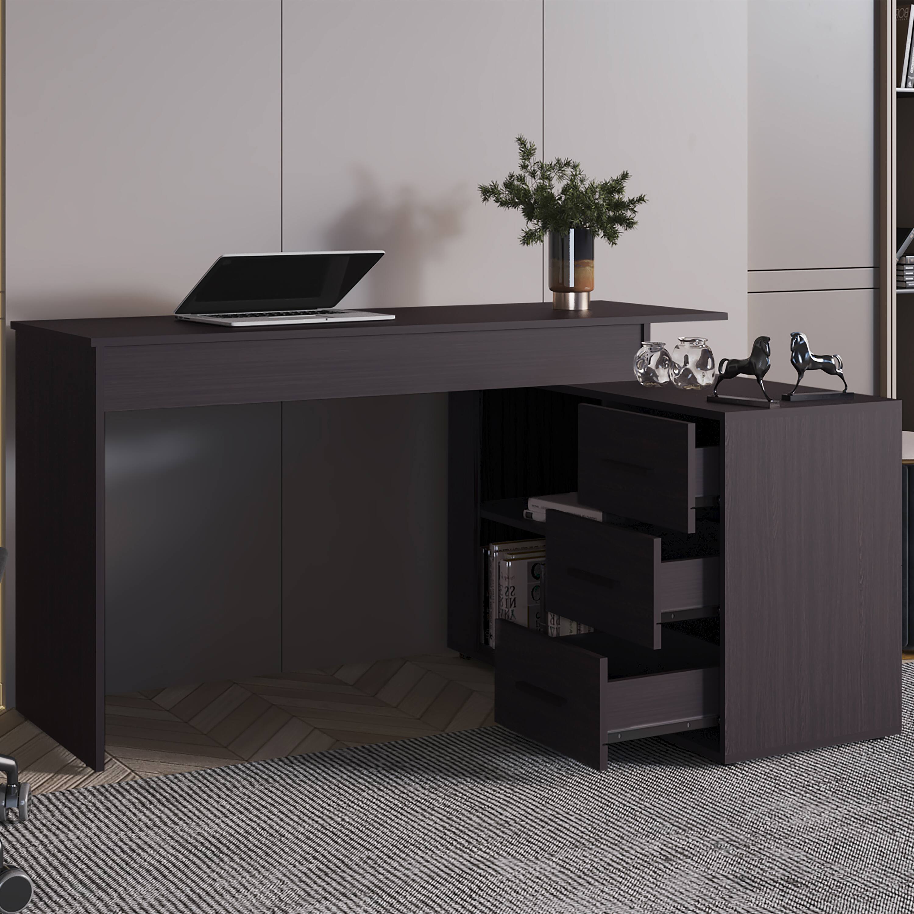 Angle. Spaco - L-Shaped Desk, Open Storage Shelf, Corner Space Saving, Dual Workspace - Black.