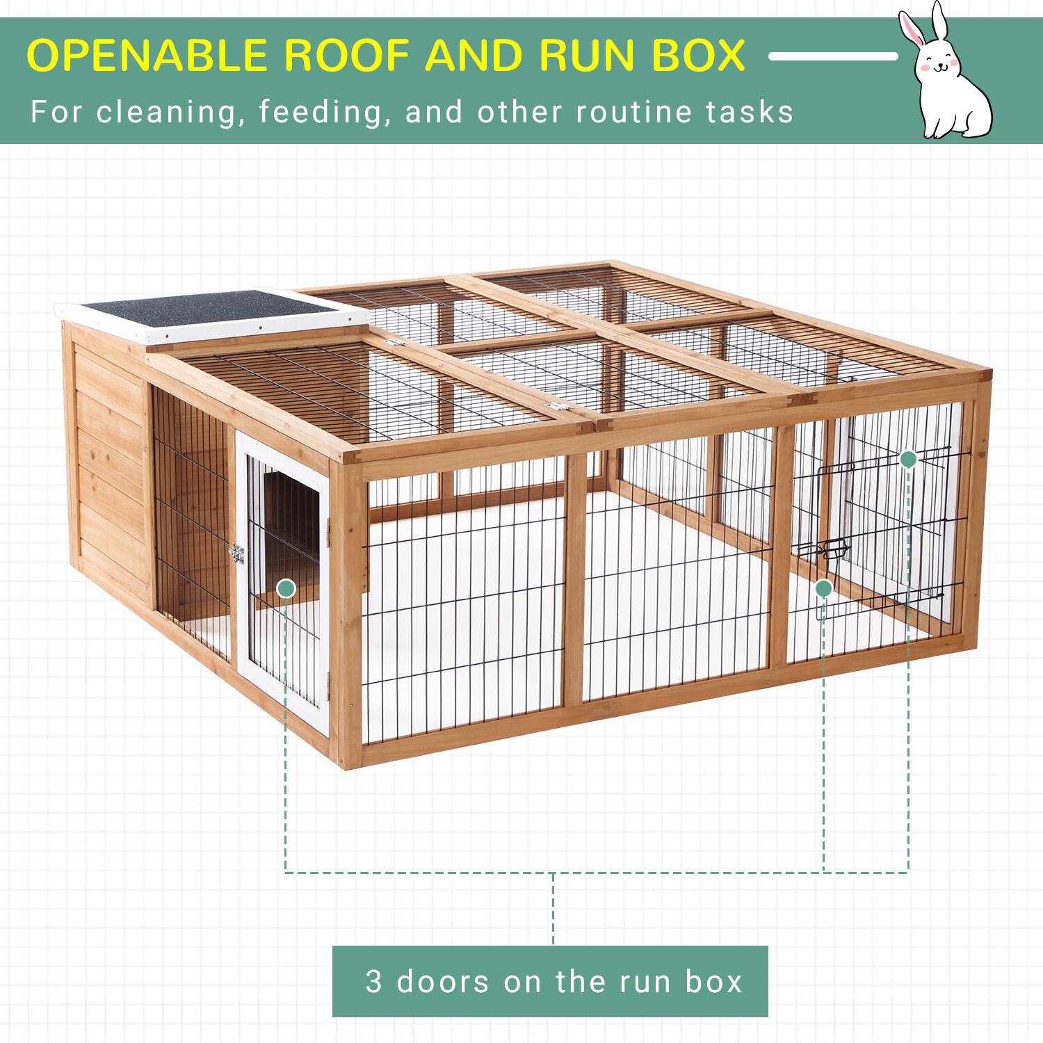 OPENABLE ROOF AND RUN BOX  
For cleaning, feeding, and other routine tasks  

3 doors on the run box